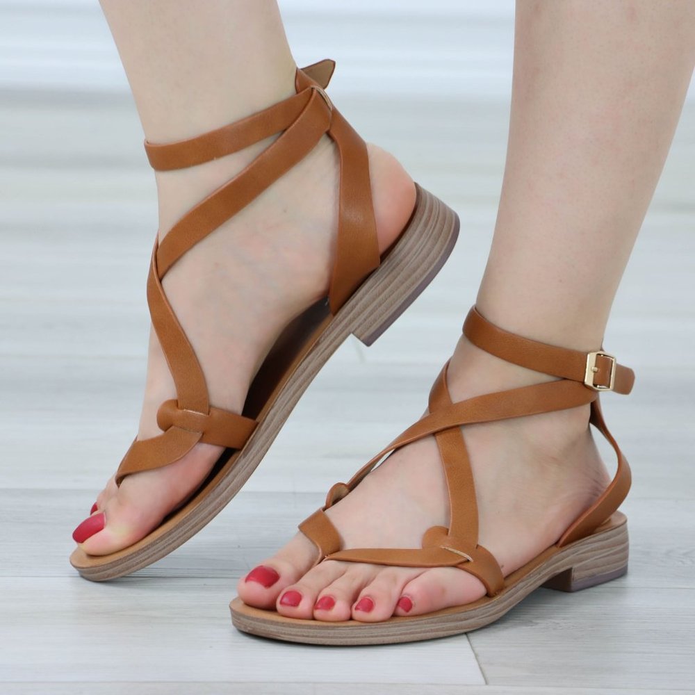 Tan Strappy Trendy Comfy Flat Gladiator Comfort Sandal Slip On Sliders - Picture 5 of 12